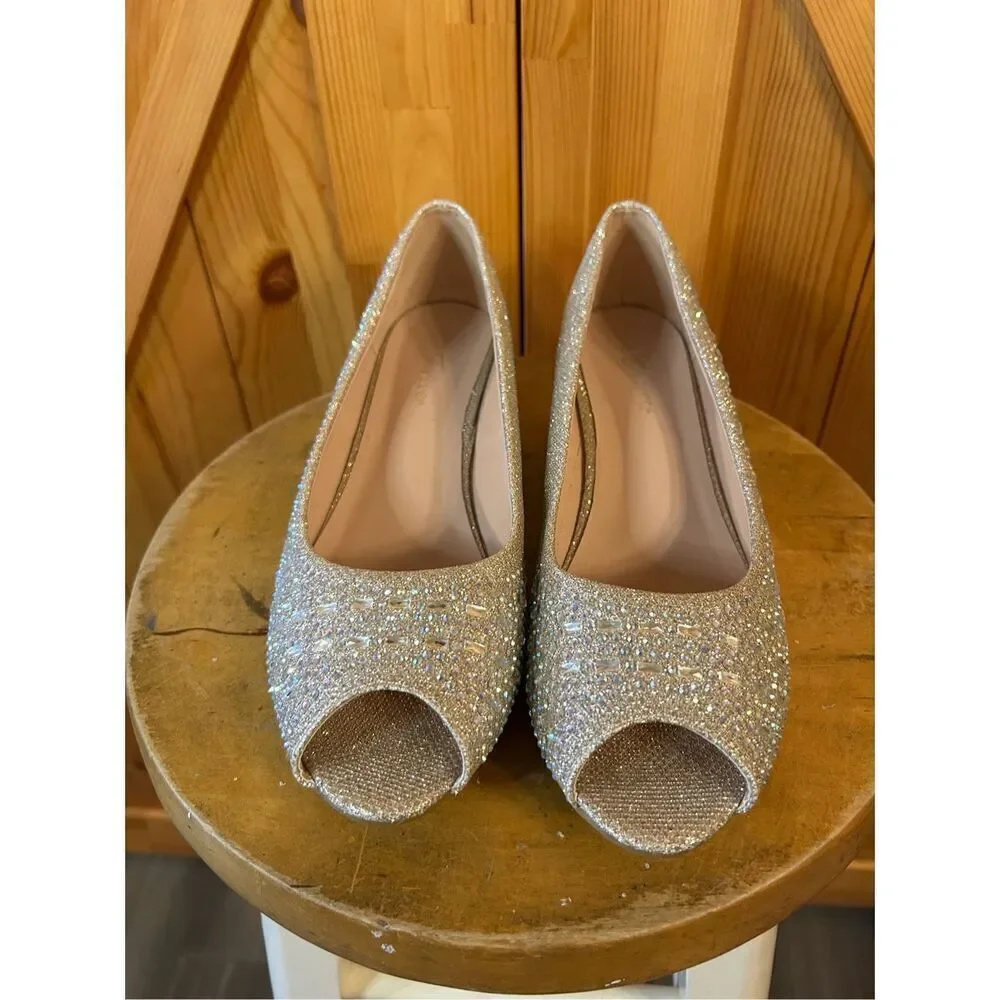 Forever Open Toe Champagne Rhinestone Embellished Pumps  Wedge Size 10